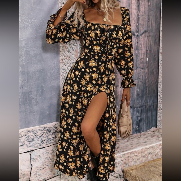 Dresses & Skirts - Boho floral print flounce sleeve split thigh maxi dress